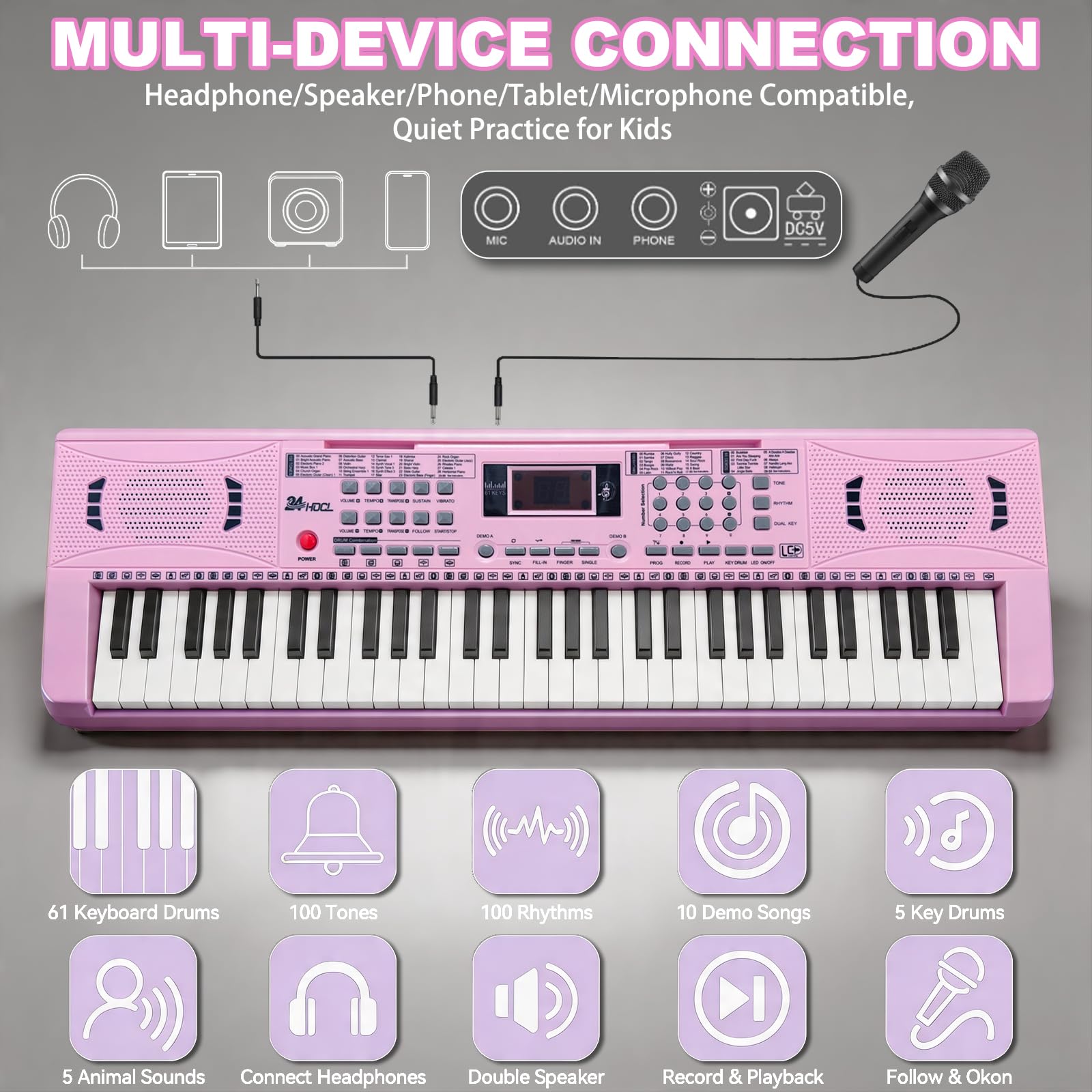 Amazon.co.jp: キッズキーボードピアノ、61キー電子ピアノ(ピンク
